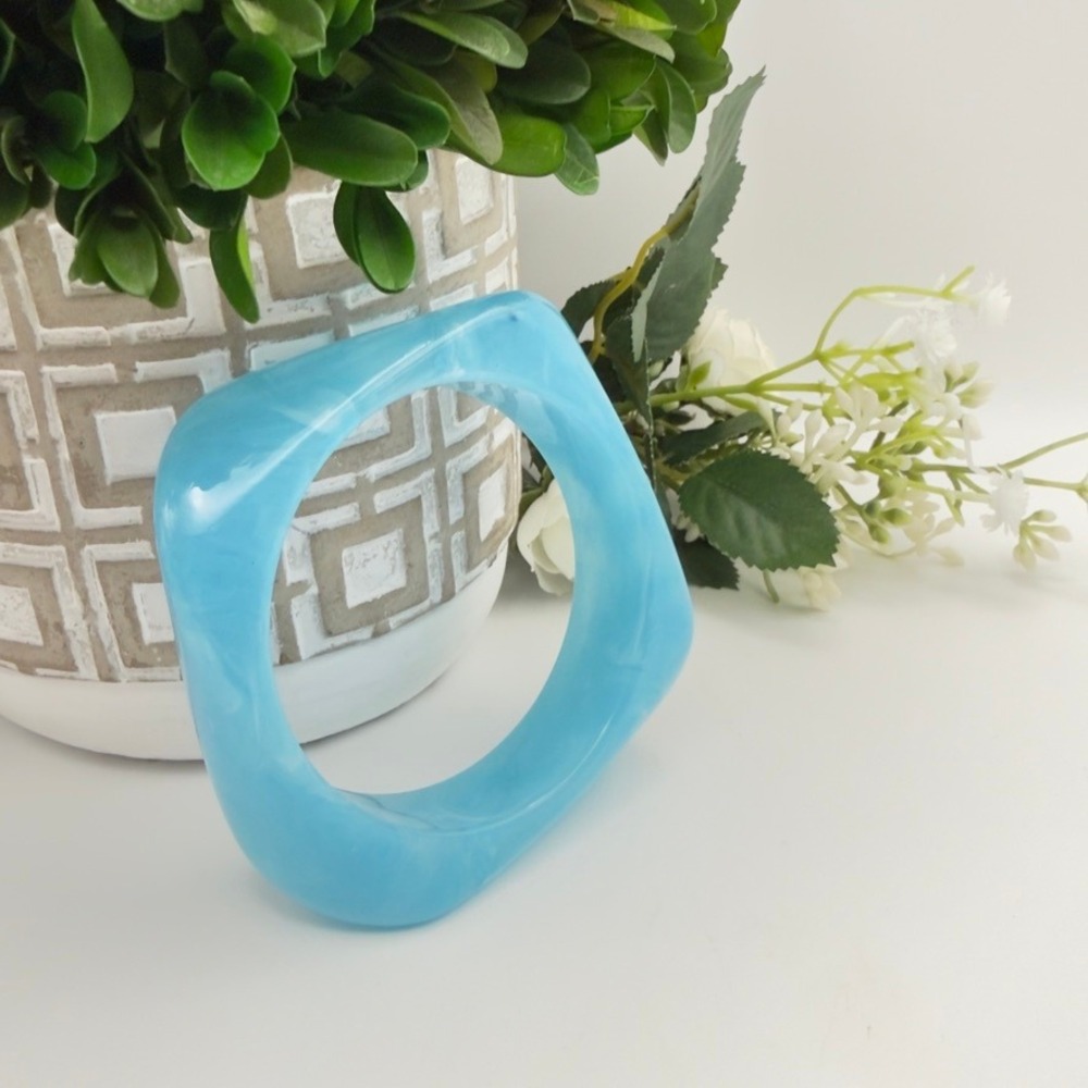 Vintage Bangle Bracelet Blue Lucite Style Square Chunky Mod Geometric 1970's